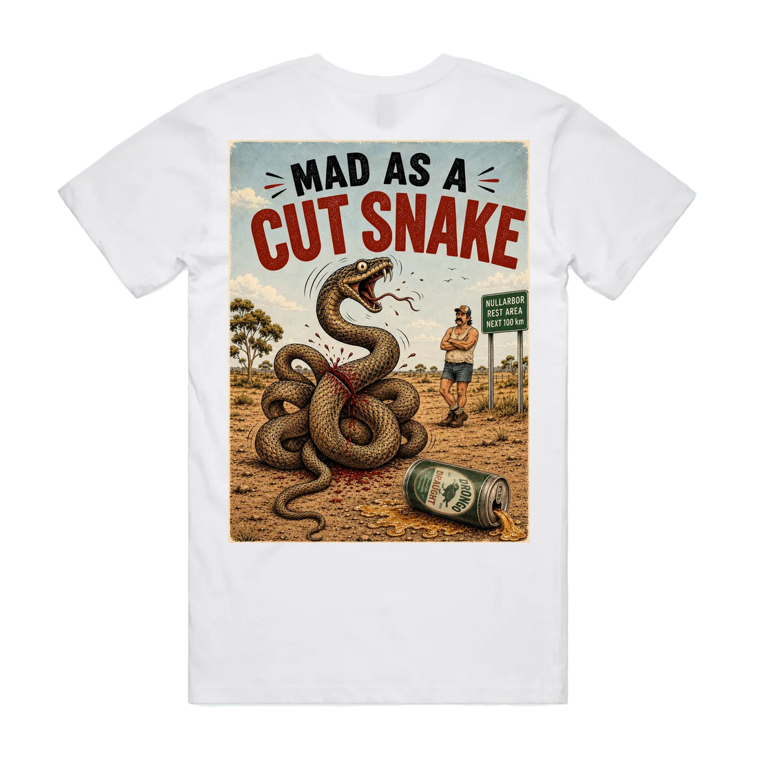 Mad as a Cut Snake tee, back print design
