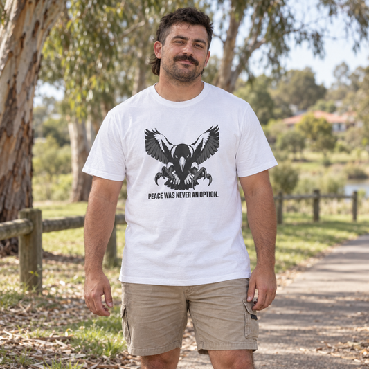 Peace Was Never An Option Magpie — T-Shirt — Australian bloke lifestyle mockup
