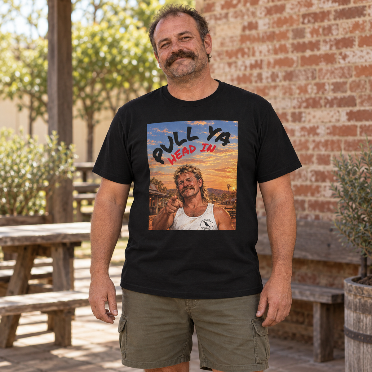Pull Ya Head In (Outback Scene) — T-Shirt — Australian bloke lifestyle mockup