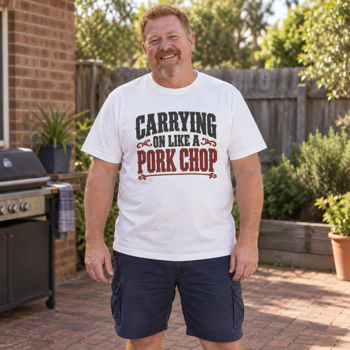 Carrying on like a Pork Chop (Bold Text) — T-Shirt — Australian bloke lifestyle mockup