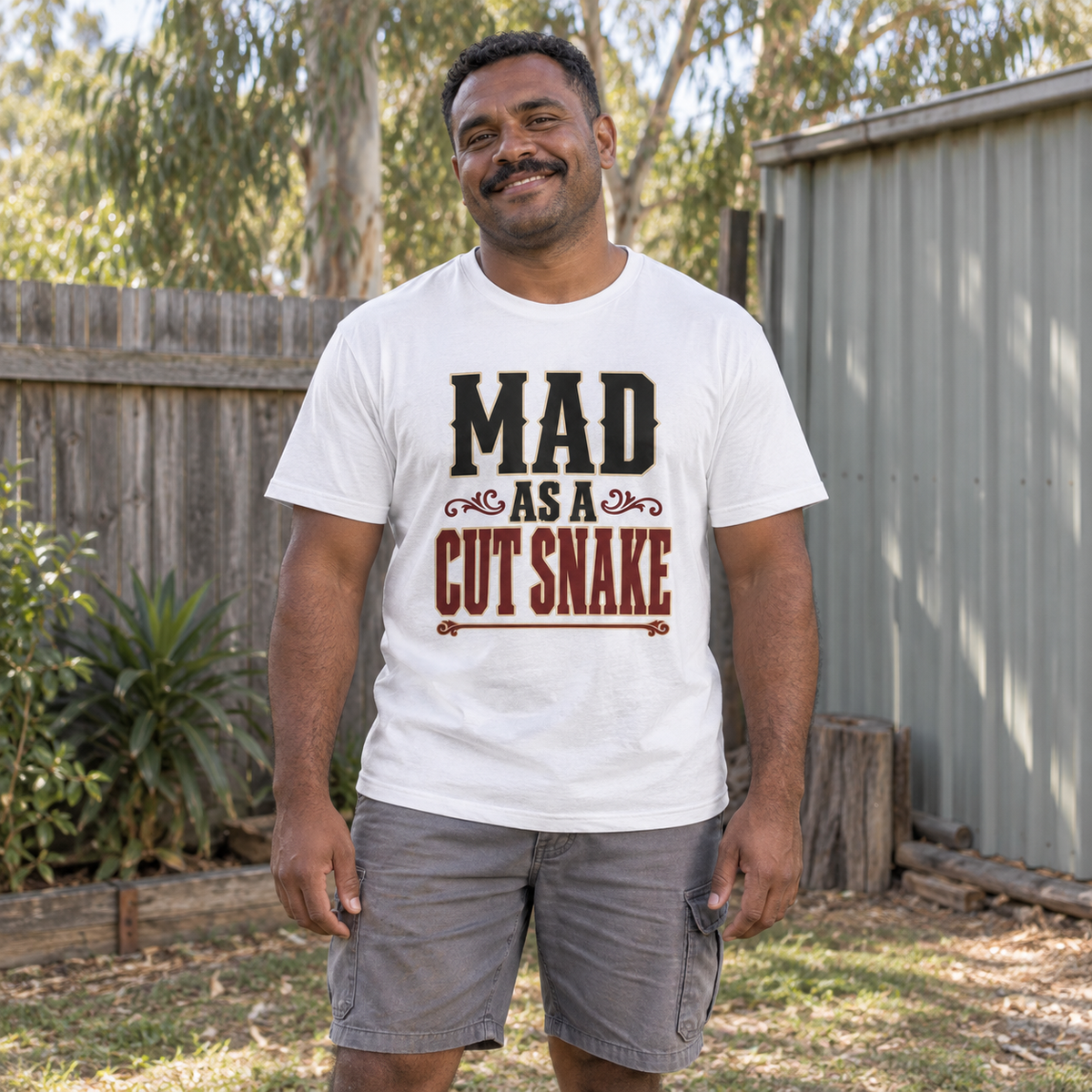 Mad as a Cut Snake (Bold Text) — T-Shirt — Australian bloke lifestyle mockup