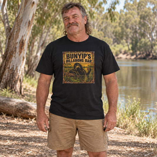 Bunyip's Billabong Bar — T-Shirt — Australian bloke lifestyle mockup