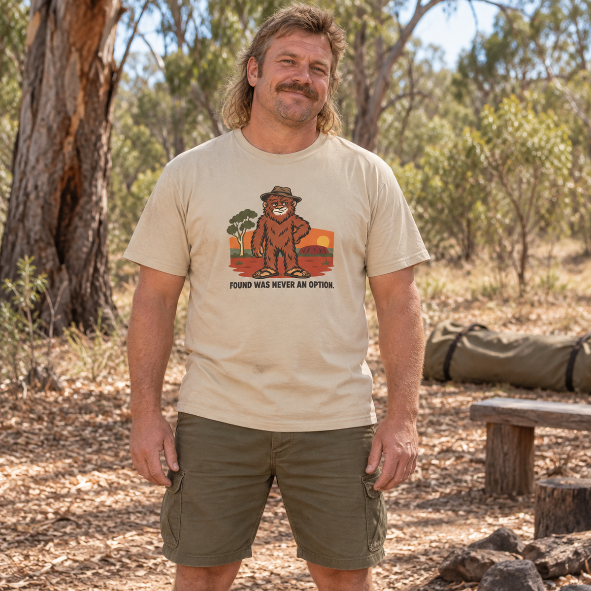 Found Was Never An Option Yowie — T-Shirt — Australian bloke lifestyle mockup