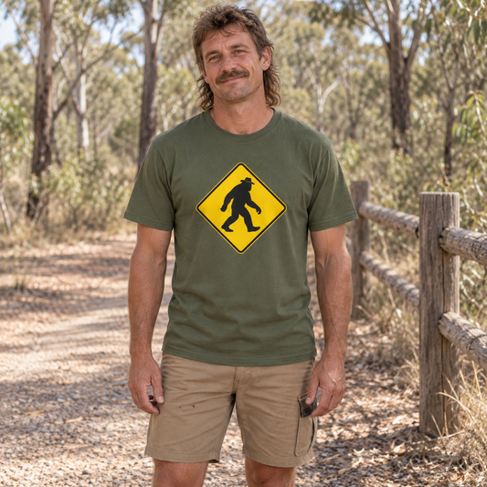 Yowie Crossing Warning — T-Shirt — Australian bloke lifestyle mockup