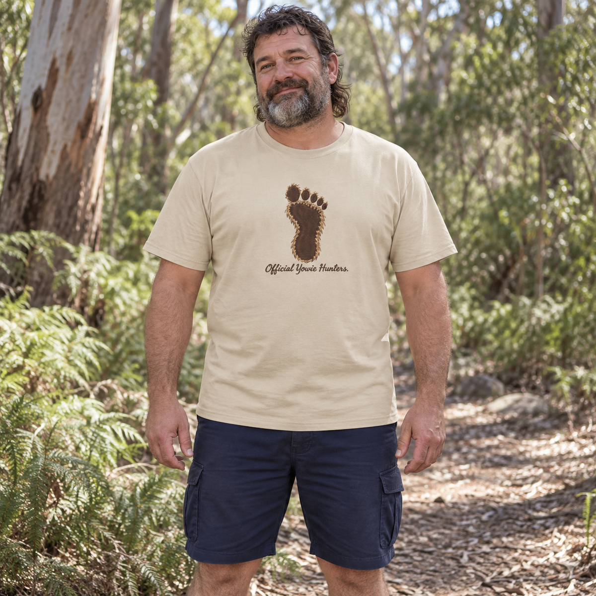 Yowie Hunter (Official Badge) — T-Shirt — Australian bloke lifestyle mockup
