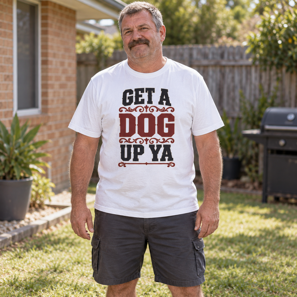 Get a Dog up Ya (Bold Text) — T-Shirt — Australian bloke lifestyle mockup